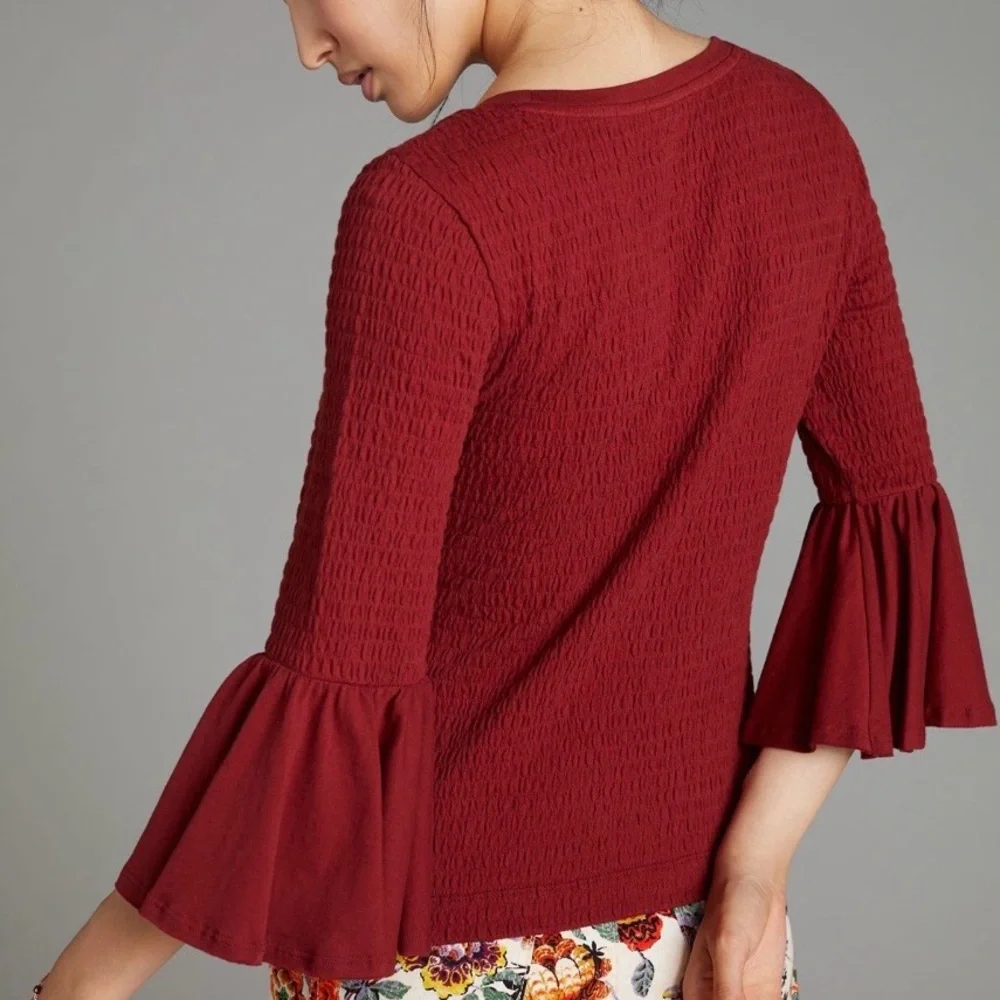 Anthropologie Maroon Bell-Sleeve Scoop Neck Top